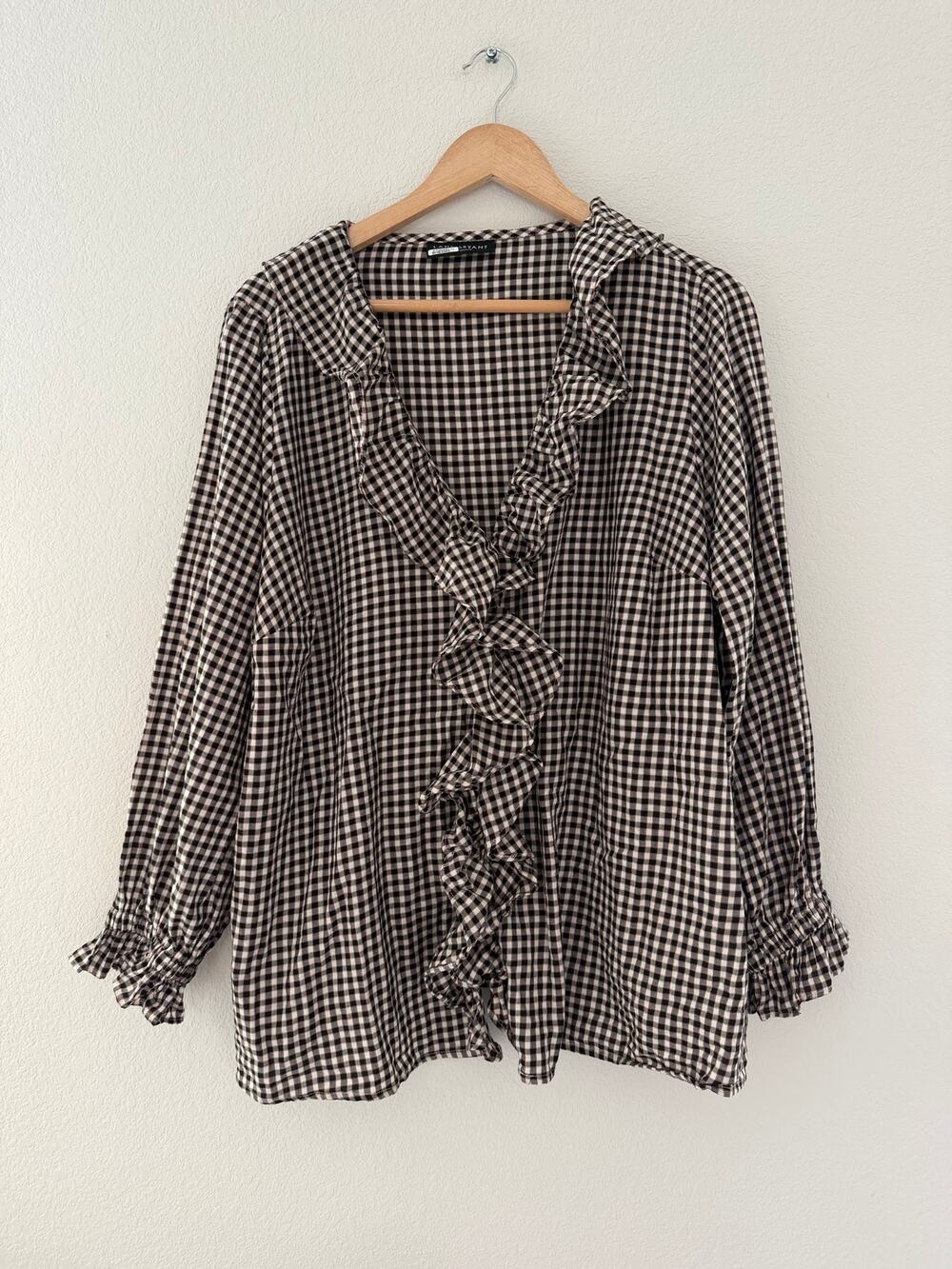 Lane Bryant Size 18 Gingham Plaid Ruffle Blouse Romantic Cottagecore Long Sleeve